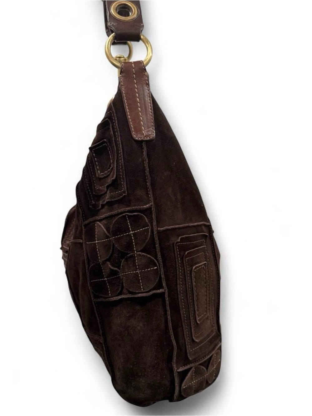 Vintage Coach Mosaic Dark Brown Suede Patchwork Shoulder Bag Geo Pattern unique - Picture 6 of 12